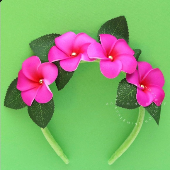 Tropical Floral Headband Moana Pink Plumeria Green Leaves - Picture 1 of 3